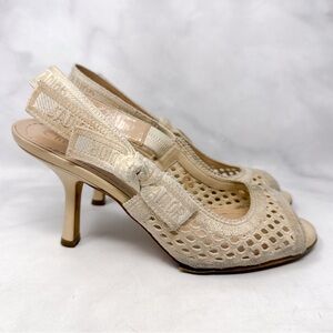 Christian Dior J'Adior Crochet Ribbon Bow Logo Open Toe Slingback Sandal Heel 35